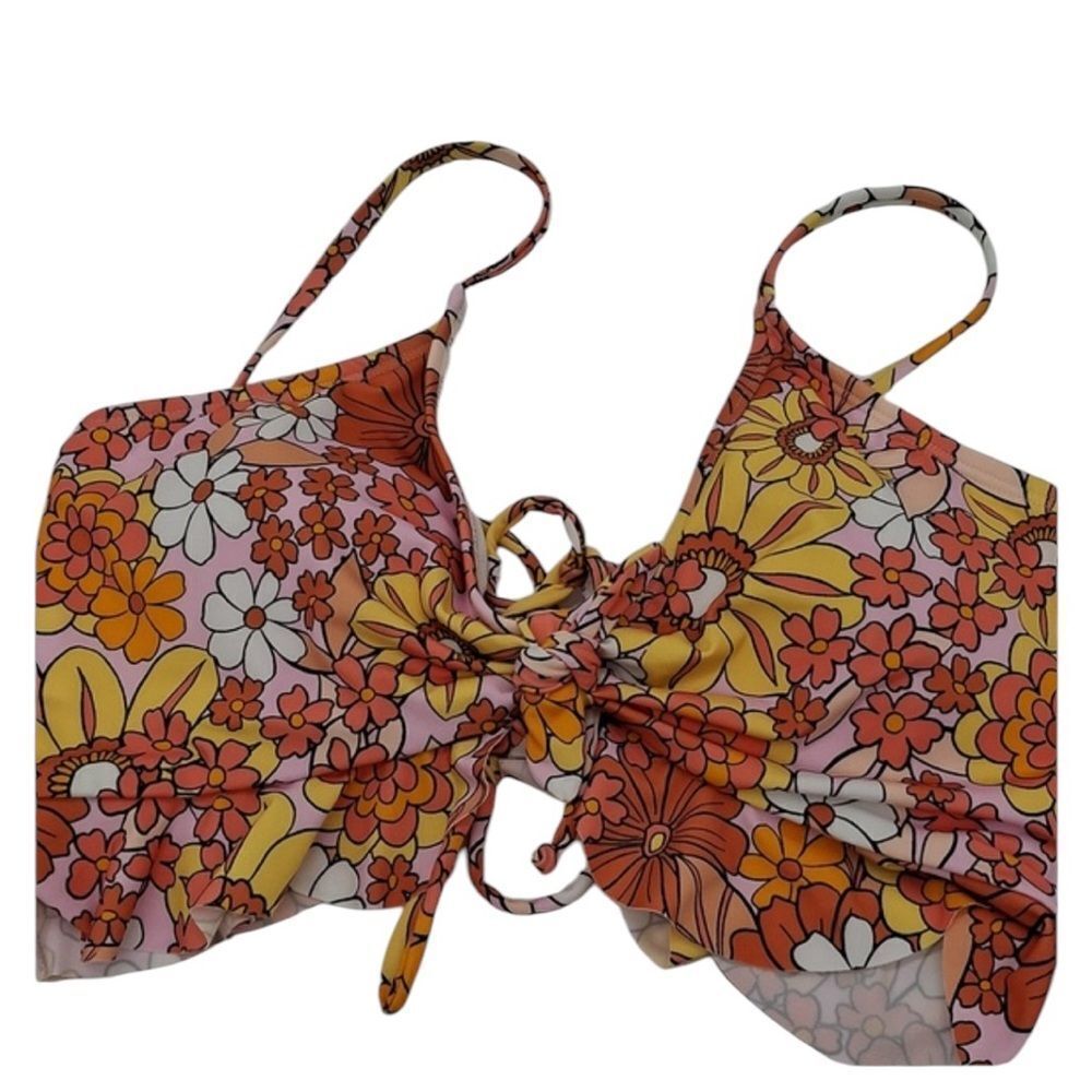 Hurley‎ Floral Print Ruffle Top Bikini 2pc Set Orange size L New with tags! - Picture 2 of 7